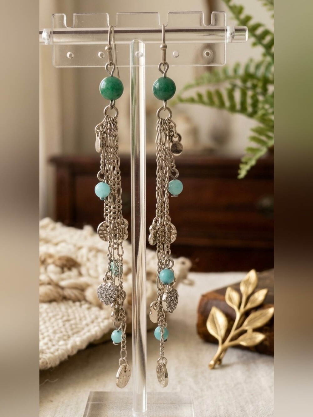Gold-tone Chain Drop Earrings with Turquoise Beads